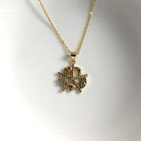 Gold Plated Cubic Zirconia Evil Eye Hamsa Hand Heart Star Moon Lucky Necklace - Picture 2 of 4